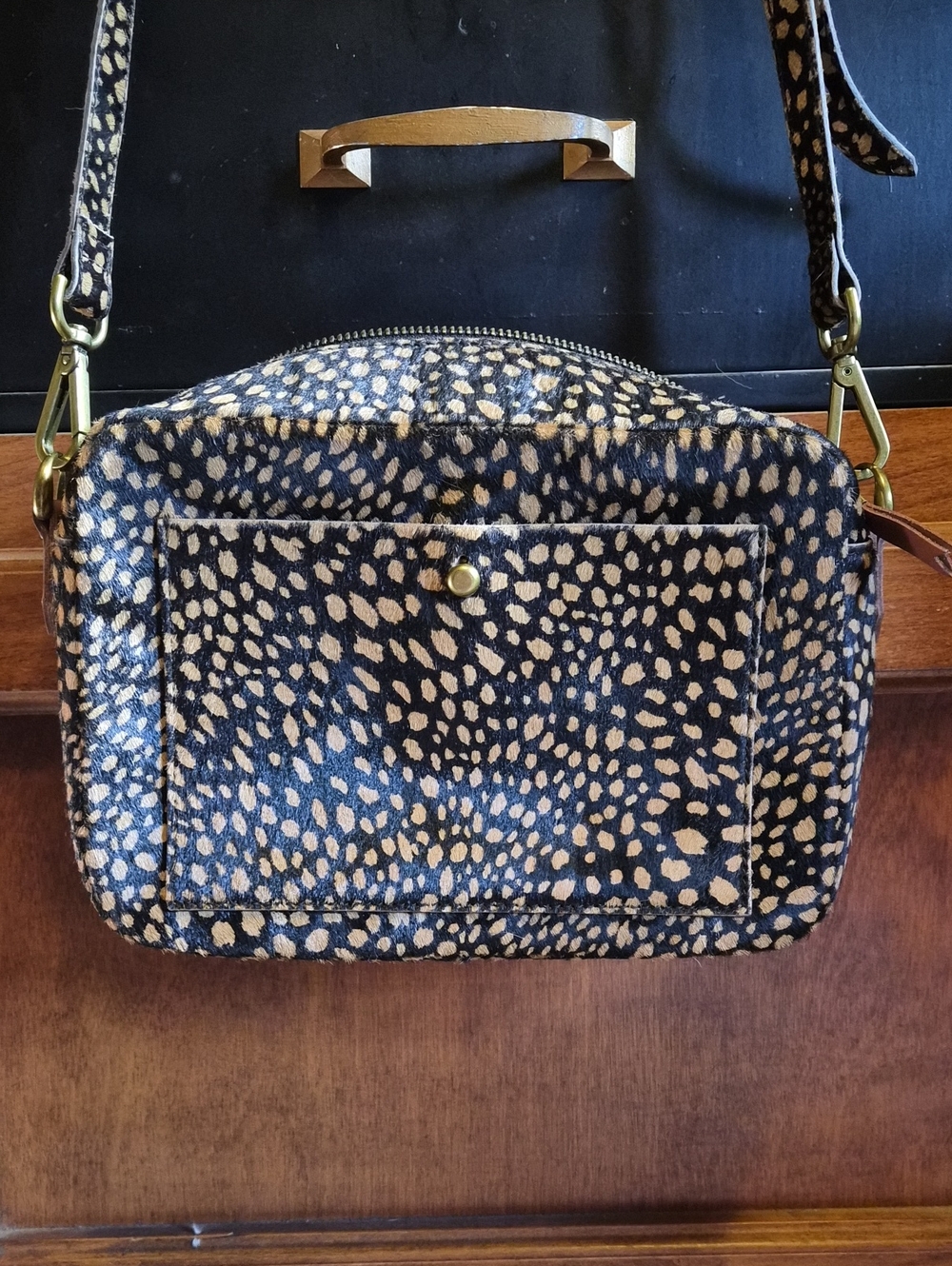NWOT Madewell Black and Cream Spotted Calf hair Crossbody Camera Bag